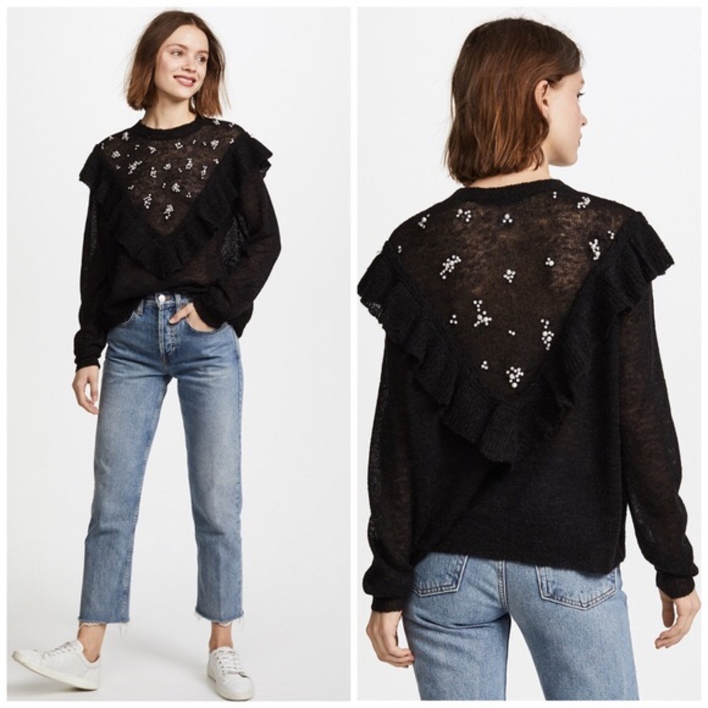 WildFox beaded pearl black ruffled sweater top NWT
